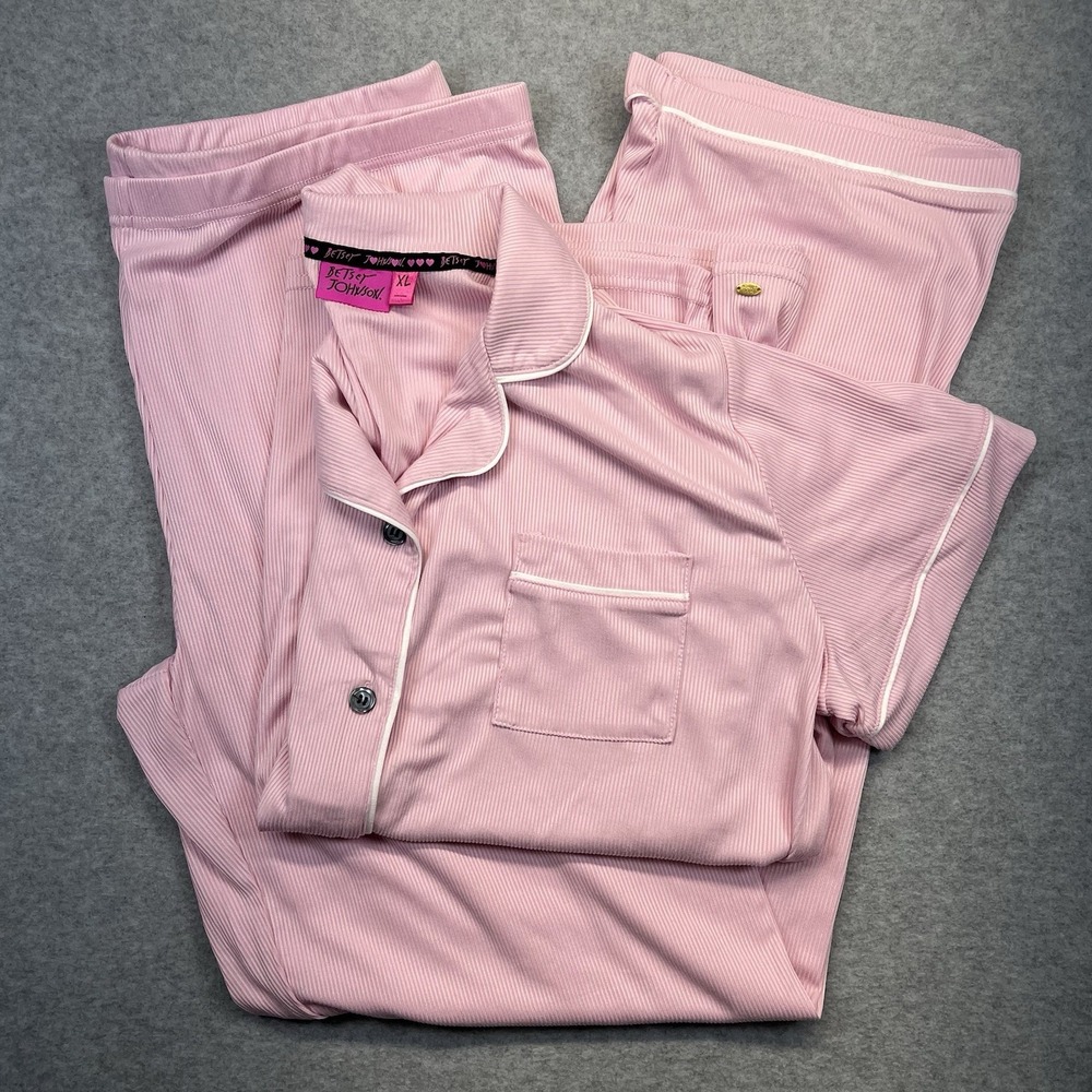 Betsey Johnson Pink Ribbed Pajama Set White Trim Short‎ Sleeve Top Long Pants XL